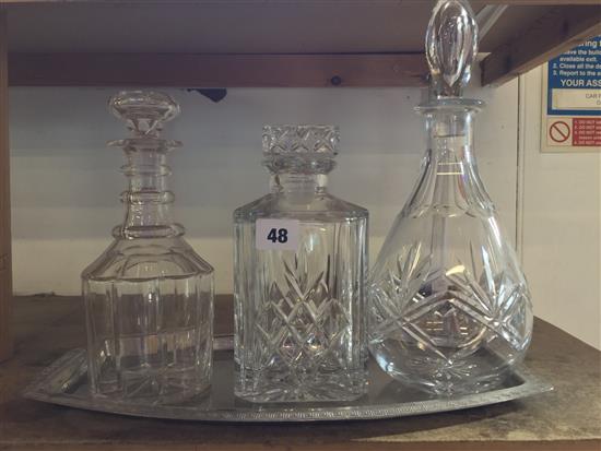 3 glass decanters & tray